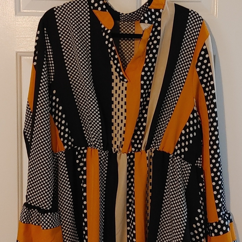 Plus Size 1X-2X Midi Dress Lightweight Mixture Of Polka Dots & Stripes Fall Hues - Picture 6 of 7